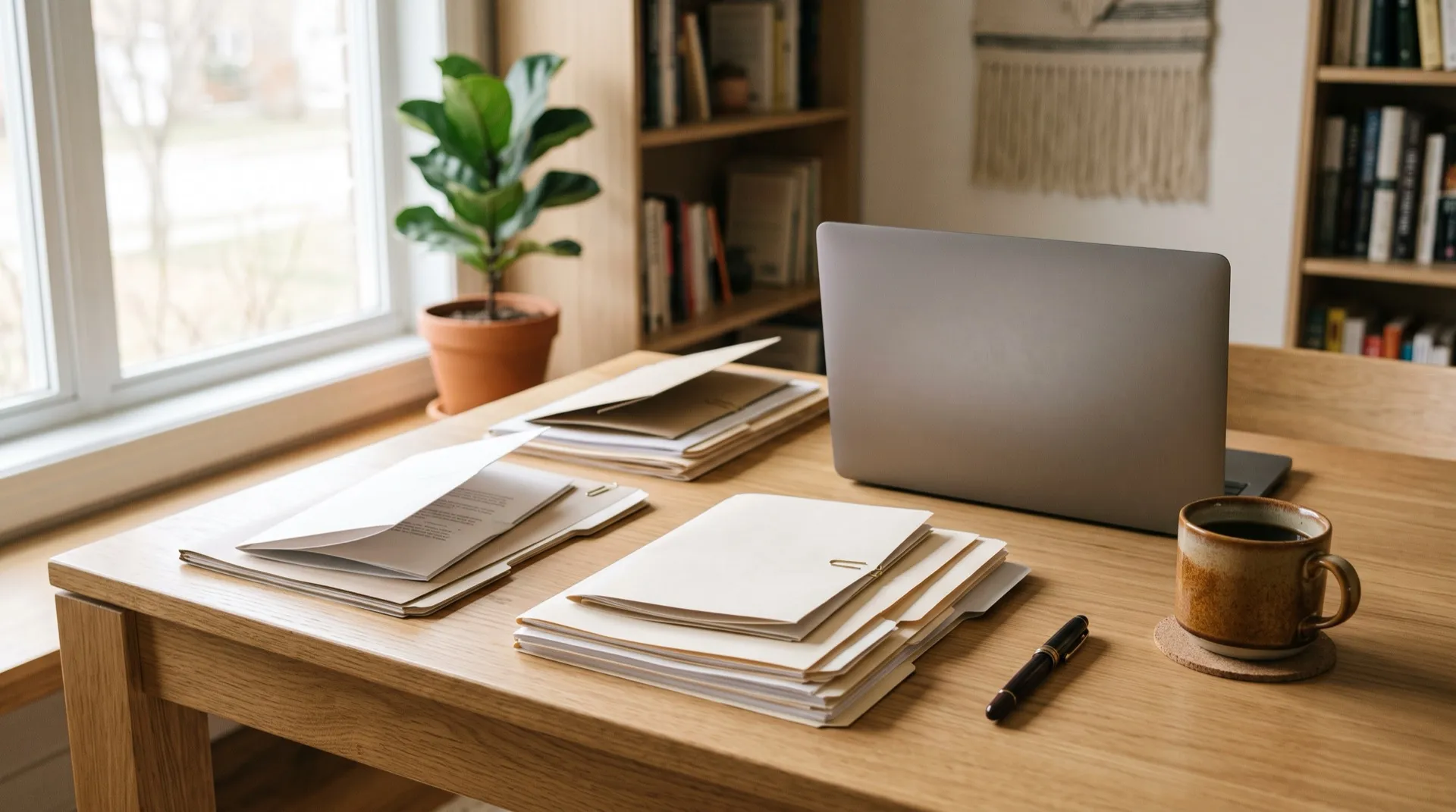 Bureau calme en bois clair avec courriers ouverts, dossiers de gestion rangés, un stylo et une tasse de café près d'une fenêtre