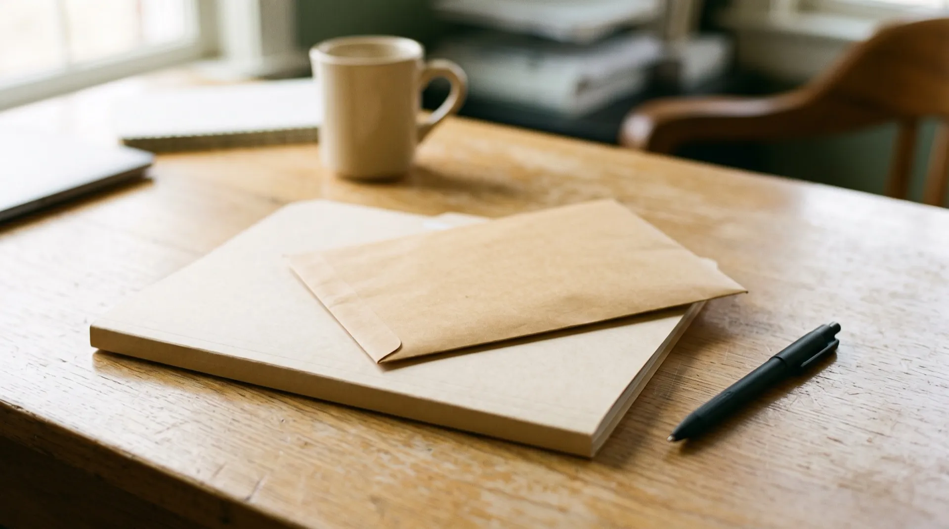 Enveloppe kraft fermée posée sur un dossier de suivi, sur un bureau en bois clair, avec un stylo à proximité