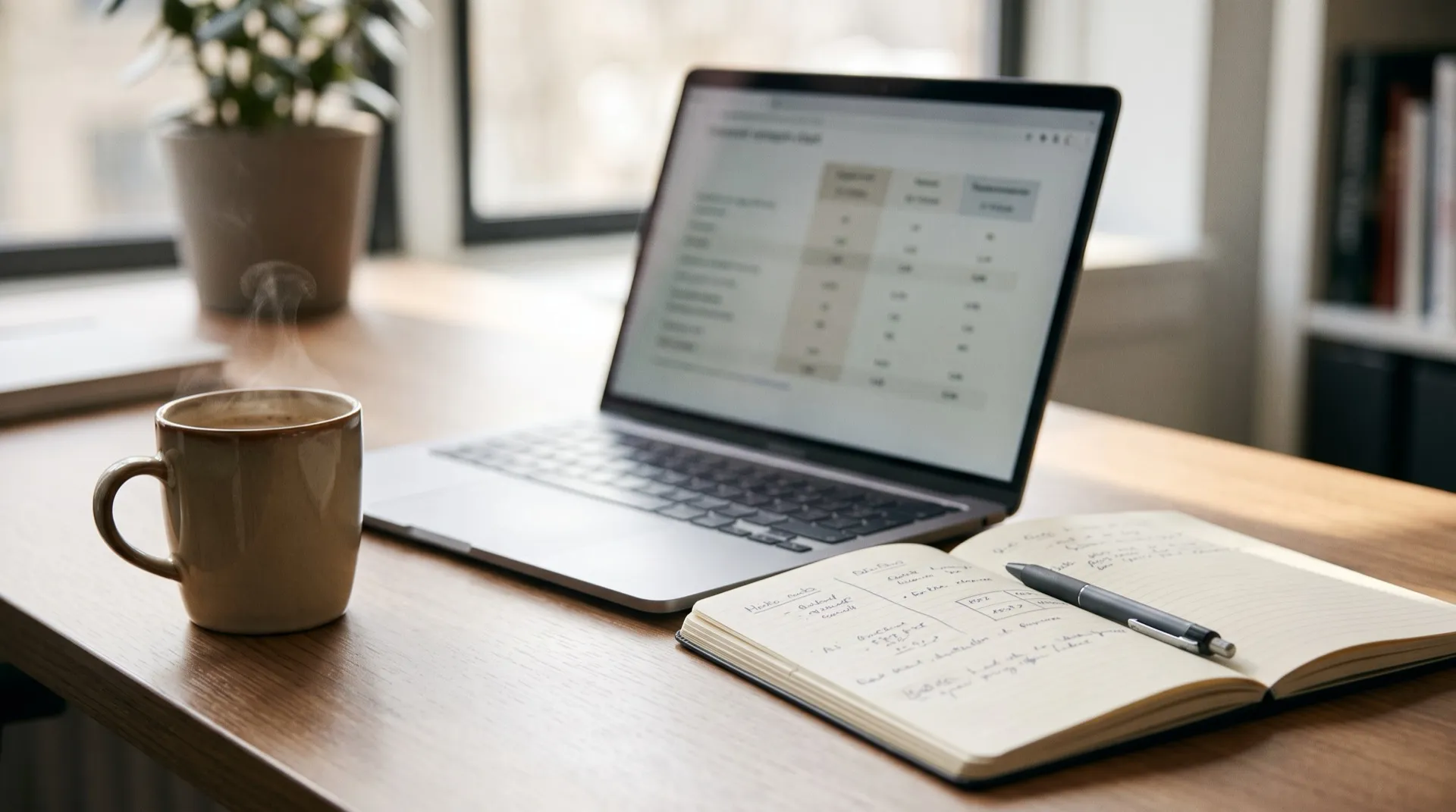 Bureau lumineux avec un ordinateur portable ouvert, écran flou en arrière-plan, un carnet de notes ouvert et une tasse de café